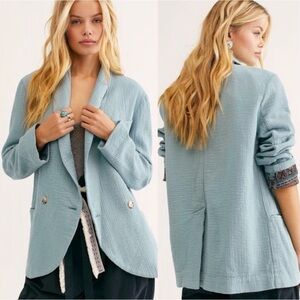 SOLD NWT Free People Rowan Dusty Blue Textured Double-Button Blazer 100% cotton